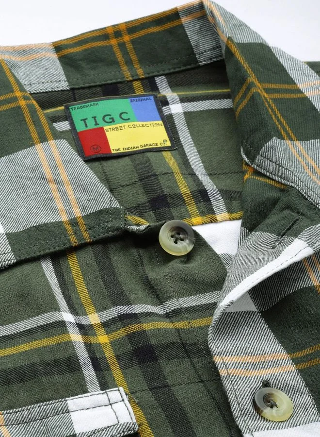 شركة المرآب الهندية Men Regular Fit Checkered Full Sleeves Convertible Collar Double Flap Pocket Street Wear Over Shirt