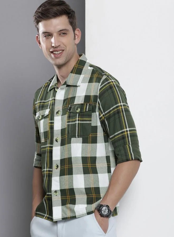شركة المرآب الهندية Men Regular Fit Checkered Full Sleeves Convertible Collar Double Flap Pocket Street Wear Over Shirt