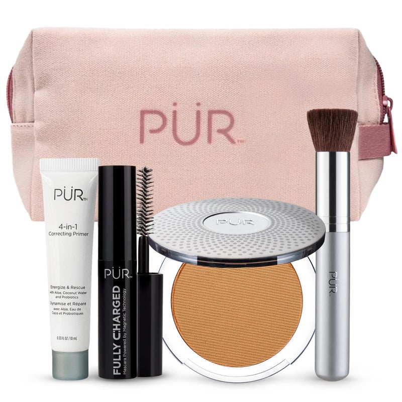 PR Minerals Multitasking Essentials Kit Medium Dark Makeup Gift Set Includes 4in1 Correcting Primer Fully Charged Mascara 4in1 Pressed Mineral Powder 1 Chisel Brush