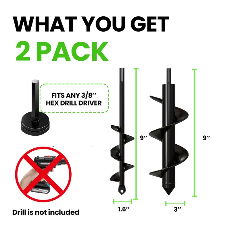 K-Brands Auger Drill Bit for Planting â€“ 1.6 x 9 Inch & 3 x 9 Inch Set - Garden Spiral Hole Drill and Bulb Planter Tool - Bedding Plants, Umbrella Holes - 3/8 Inch Hex Drive Drill - Image 2