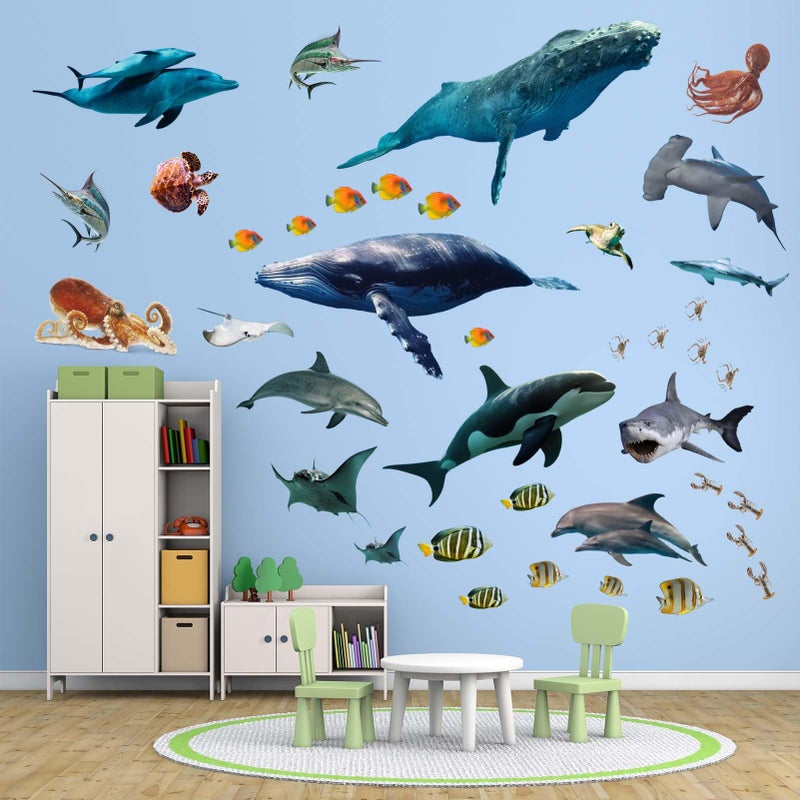 ملصقات حائط من Pinkeleph Under The Sea Fish - ملصقات جدارية على شكل سمكة قرش الحوت والحبار وحيوانات المحيط - حضانة الأطفال والأطفال الأولاد والبنات وغرفة النوم والحمام وغرفة اللعب وغرفة اللعب وغرفة الدراسة - Image 1