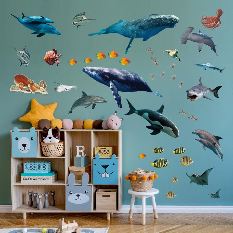 ملصقات حائط من Pinkeleph Under The Sea Fish - ملصقات جدارية على شكل سمكة قرش الحوت والحبار وحيوانات المحيط - حضانة الأطفال والأطفال الأولاد والبنات وغرفة النوم والحمام وغرفة اللعب وغرفة اللعب وغرفة الدراسة - Image 2