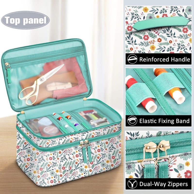 FINPAC Sewing Accessories Storage and Organizer Case, Double-Layer Sewing Kits Carrying Bag with Wrist Pin Cushion for Threads, Needles, Embroidery Floss Supplies, Felting Kits (Spring Bloom) - Image 2