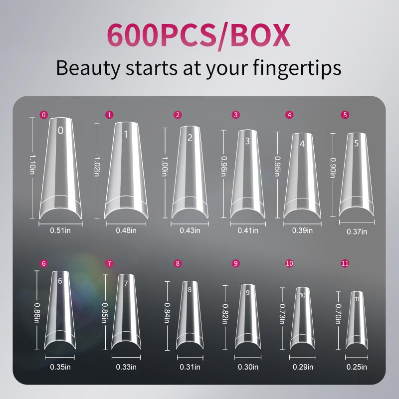 krofaue 600PCS Half Cover Coffin Nail Tips - Acrylic Nail Tips 12 Size Clear False Nails Tips with Box for Nail Salons and Home DIY (Clear) - Image 2