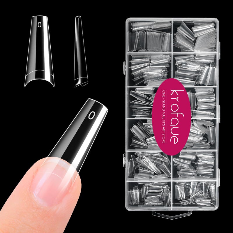 krofaue 600PCS Half Cover Coffin Nail Tips - Acrylic Nail Tips 12 Size Clear False Nails Tips with Box for Nail Salons and Home DIY (Clear) - Image 1