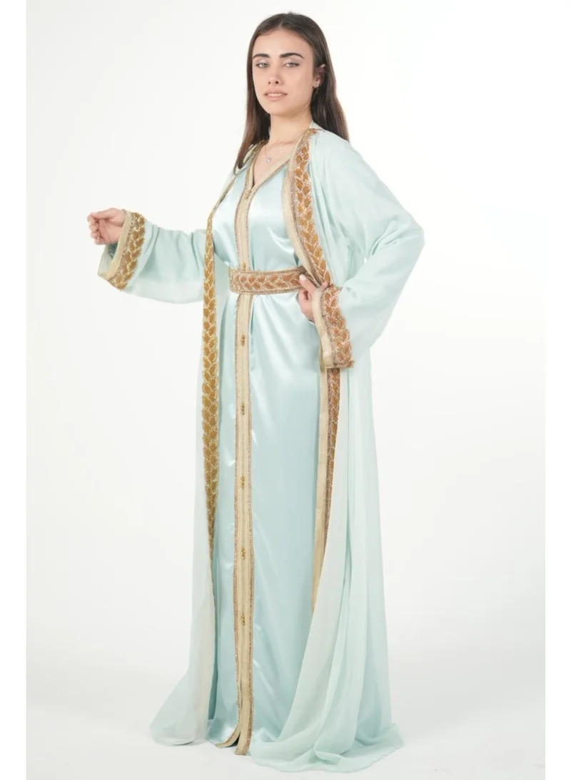 AL BENT AL SHARQIEH Turquoise embroidered kaftan jalabiya dress for Women | Best Price UAE