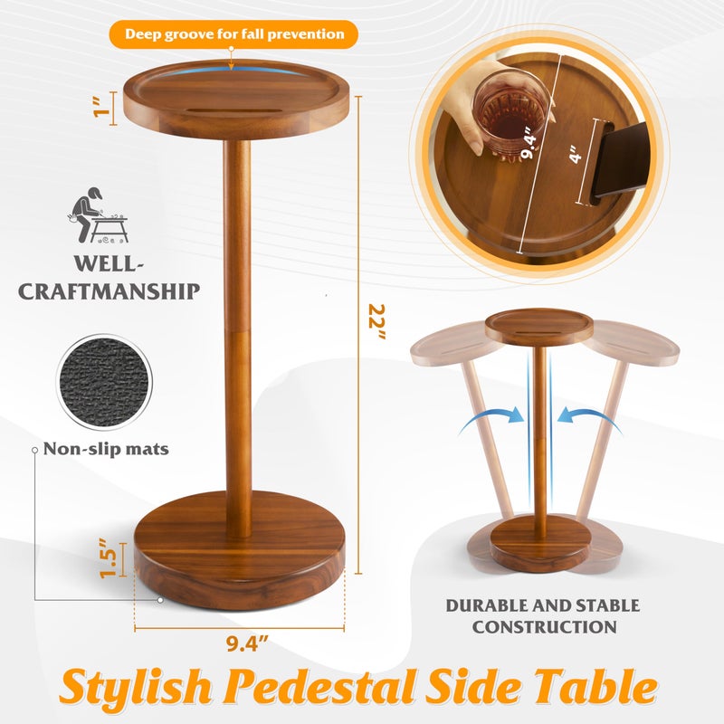 BLUEWEST Drink Table, 24.4" Tall Compact Side Table with Phone Slot and Weighted Base, Durable Pedestal Table Accent for Living Room (Flat, Walnut) - Image 3