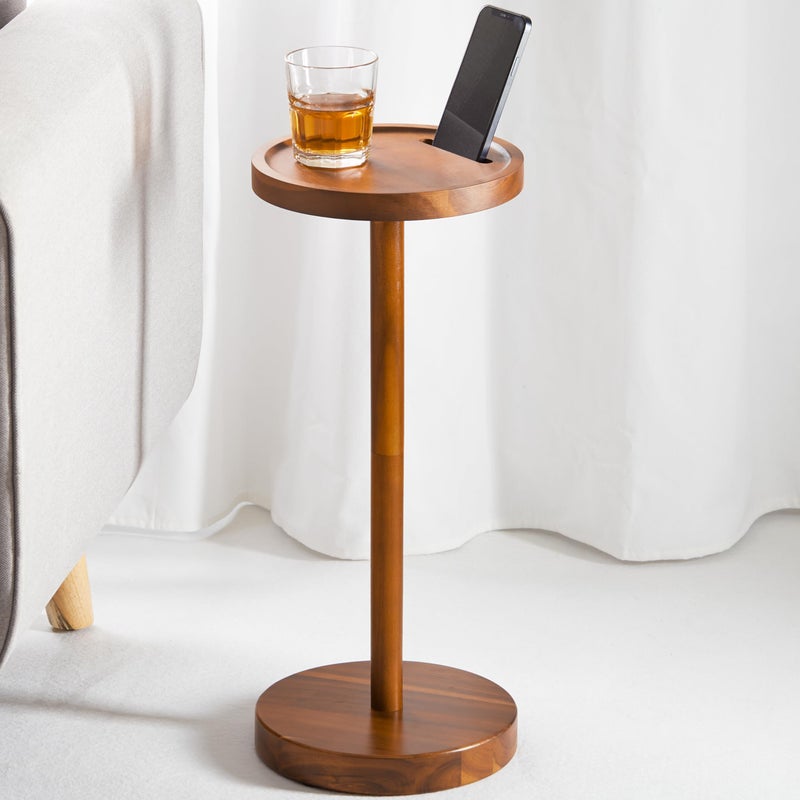 BLUEWEST Drink Table, 24.4" Tall Compact Side Table with Phone Slot and Weighted Base, Durable Pedestal Table Accent for Living Room (Flat, Walnut) - Image 1