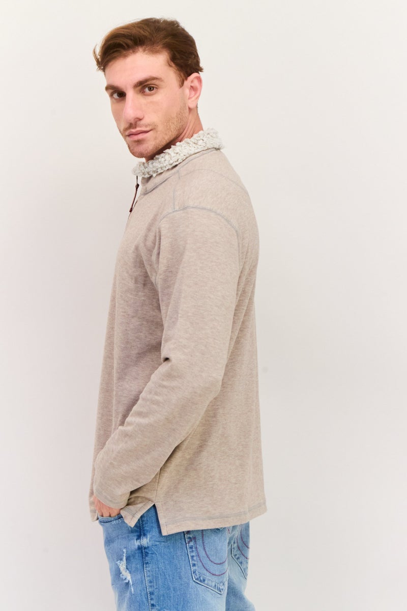TRUE GRIT Men Mock Neck Heather Sweater, Khaki  - Image 3