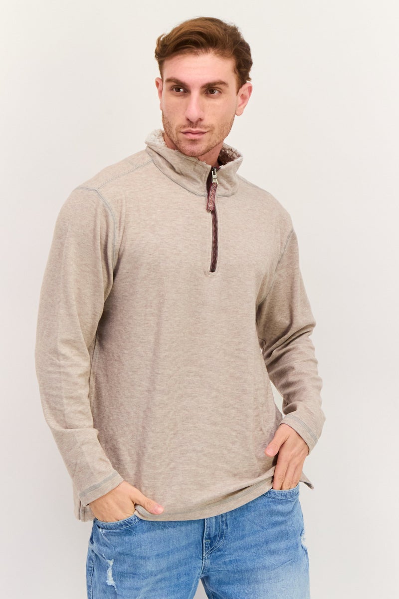 TRUE GRIT Men Mock Neck Heather Sweater, Khaki  - Image 1