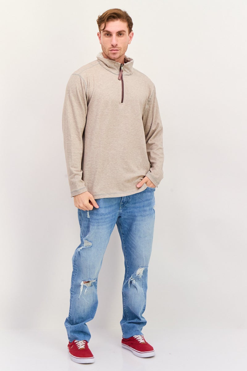 TRUE GRIT Men Mock Neck Heather Sweater, Khaki - Image 4