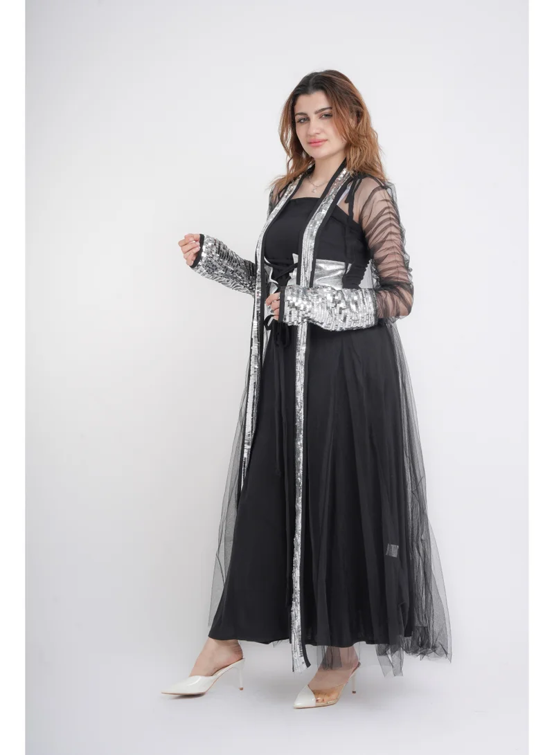 Ikkxa  Silver Glamour Sheer Sleeve Jalabiya for Women | Best Price UAE
