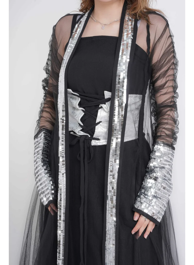 Ikkxa  Silver Glamour Sheer Sleeve Jalabiya for Women | Best Price UAE