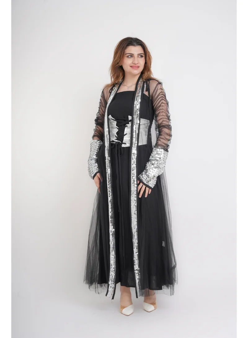IKKXA Silver Glamour Sheer Sleeve Jalabiya