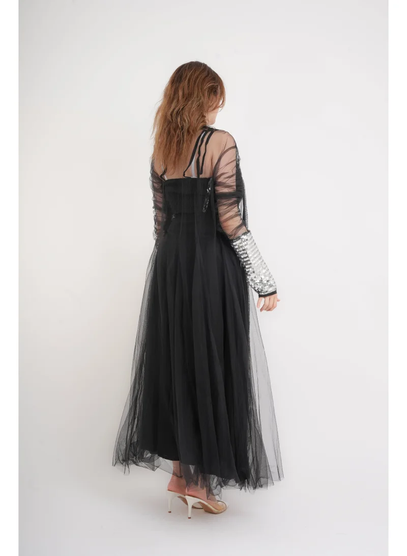 IKKXA Silver Glamour Sheer Sleeve Jalabiya