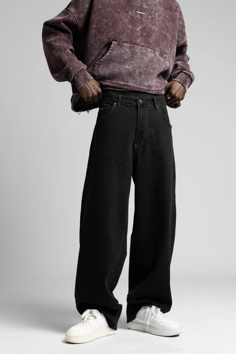 كاتش بنطال جينز رمادي فضفاض متباين اللون مع خياطة