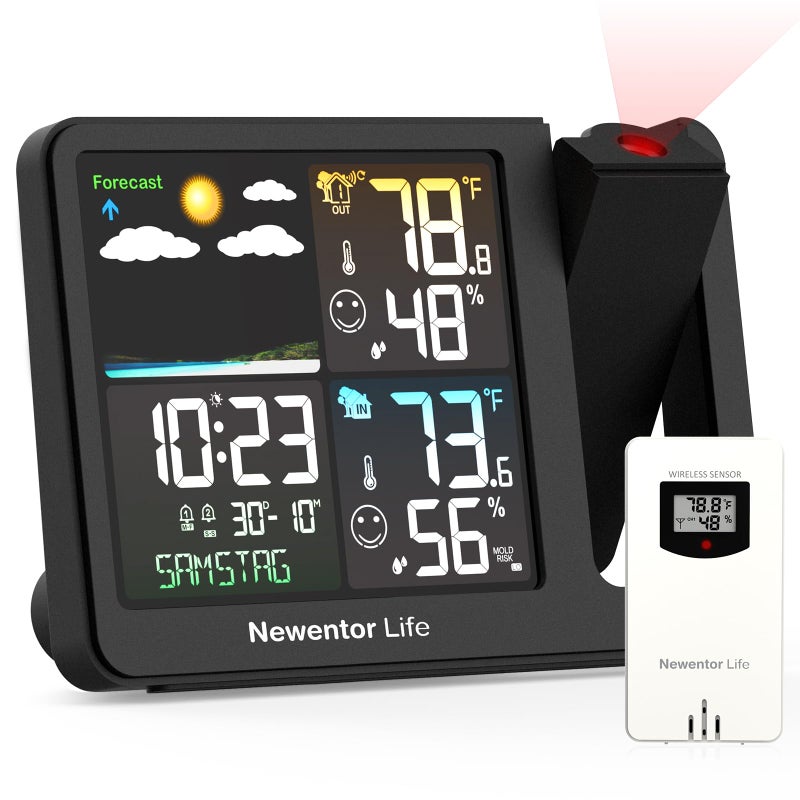 Newentor Projection Alarm Clock, Projection Clock for Bedroom Ceiling, Weather Station Thermometer with Projector Indoor Outdoor TEM&Hum, Forecast, Adjustable Backlight, Black, No Atomic - Image 1