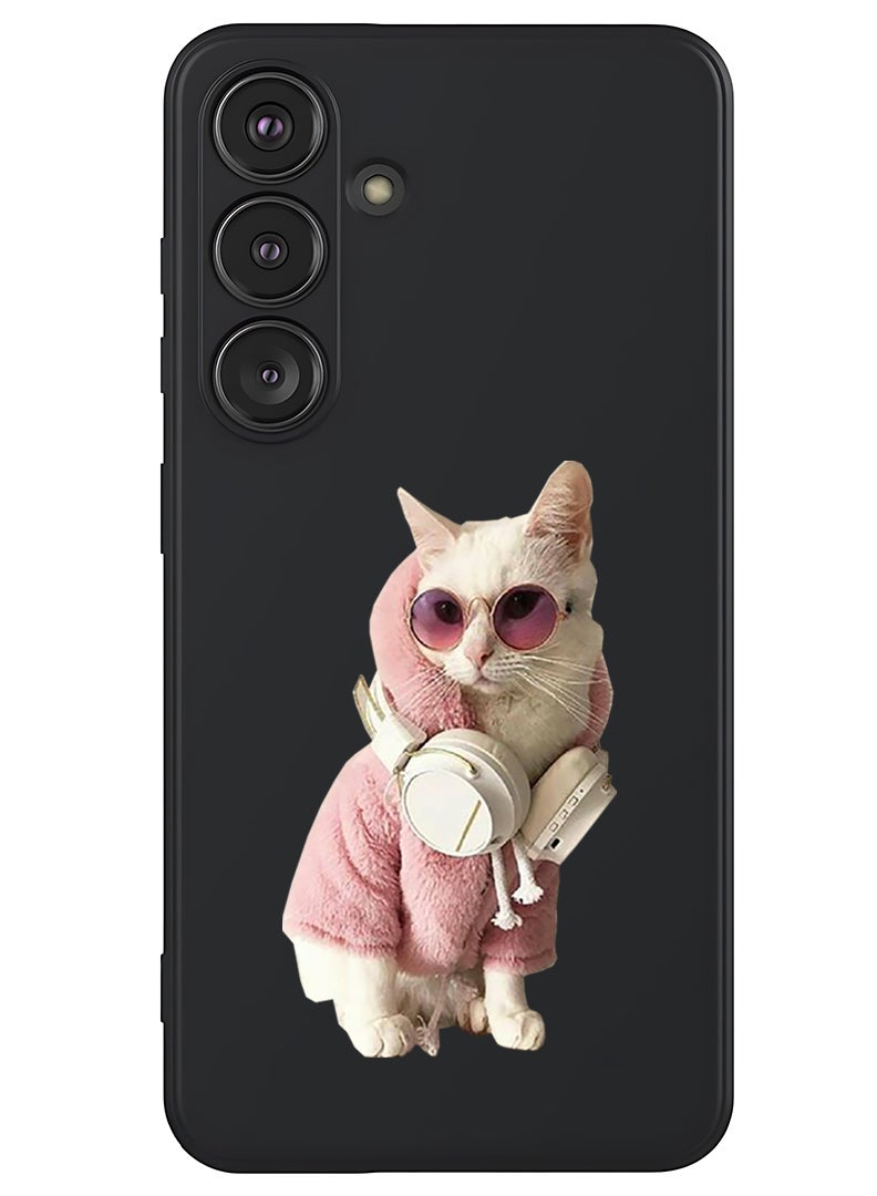Theodor Protective Slim Fit Case Liquid Silicone Cover with Full Body Protection Anti-Scratch Shockproof Case For Samsung Galaxy S25 Plus (Black) - White Cat - Image 1