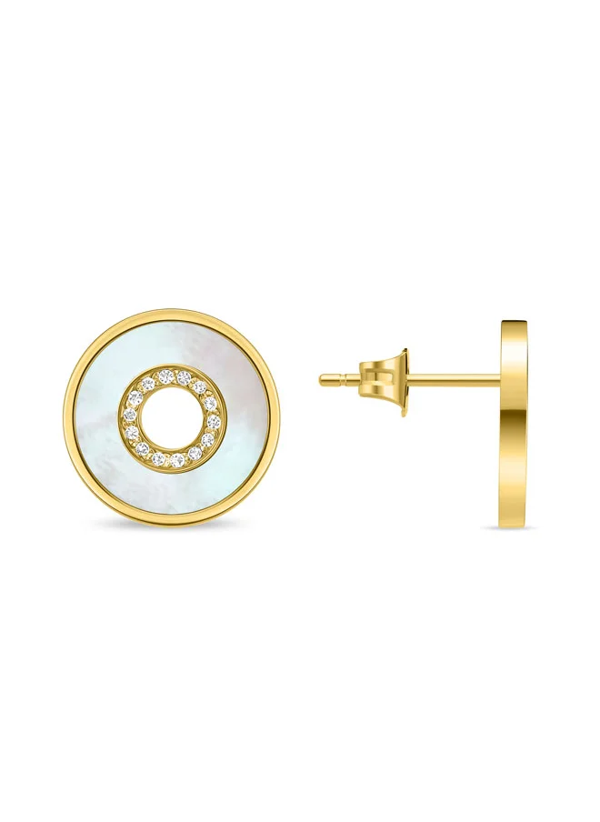 بوليس POLICE Saturn Gold-Plated Earrings - Mother-of-Pearl Inlays with Crystals for Modern Elegance