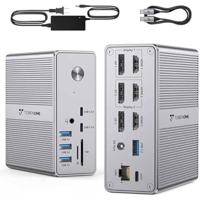 rayihni TOBENONE DISPLAYLINK DOCKING STATION TRIPLE MONITOR WITH UK 120W POWER ADAPTER, TRIPLE 4K DISPLAY FOR MACBOOK PRO/AIR, THUNDERBOLT 5/4/3, USB-C WINDOWS(3X HDMI 3X DISPLAYPORT 2XUSB-C 4XUSB 3.2 SD/TF) - Image 1