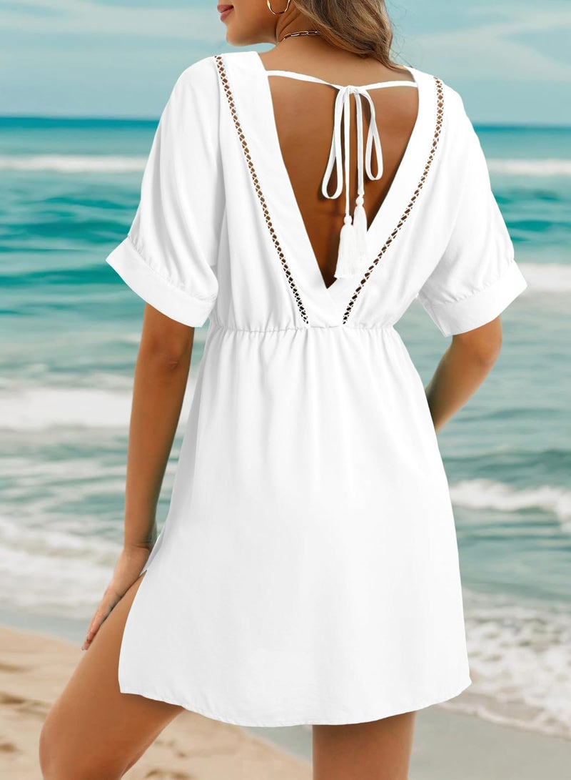 Dokotoo Swimsuit Coverup for Women Summer Hollow Out V Neck Short Sleeve Bathing Suit Cover Ups High Waisted Swim Dress Beach Wear Vacation Cruise Outfits Boho Sun Dresses Sundress White Medium - Image 2