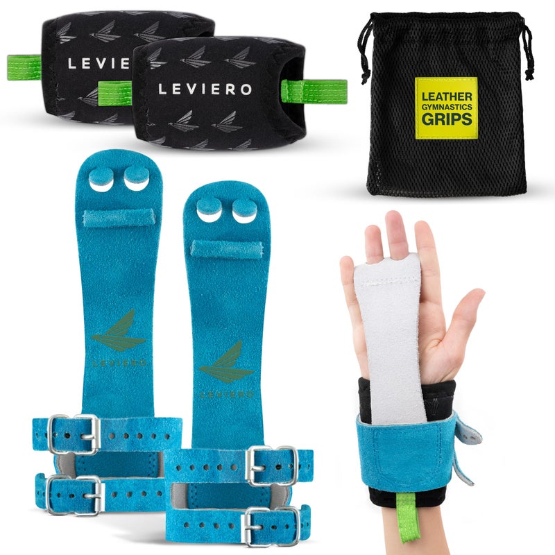 LEVIERO Gymnastics Grips Set Narrow Squeeze, Grips for Gymnastics Girls, Dowel Grips with Soft Leather, Double Buckle Wrist Closure, and Adjustable Finger Holes, for All Ages - (Aqua, 0) - Image 1