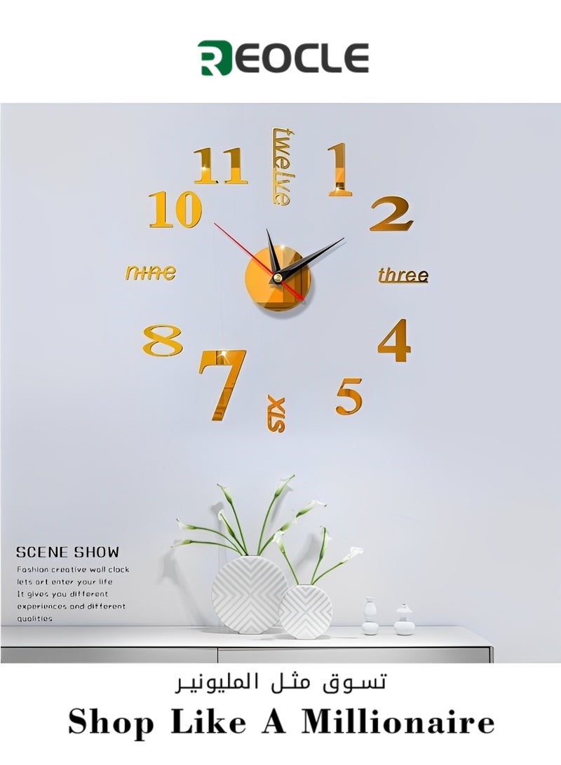 REOCLE Frameless DIY Wall Clock 3D Mirror Wall Clock Large Mute Wall Stickers for Living Room Bedroom Home Decorations - Image 1