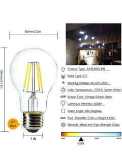 HUA QIANG WANG Vintage E27 Edison Bulbs LED Light Bulbs 40W Equivalent, 2700K Warm White, Antique Clear Glass Decorative Bulbs, A60 4W LED Filament Bulbs, Pack of 10,Yellow Light  - Image 3