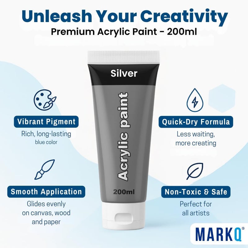 MARKQ طلاء أكريليك 200 مل أنبوب – ألوان فنية غنية، عالية الصبغة وغير سامة | 10 ألوان زاهية للحرف اليدوية، القماش، الورق، الخشب، القماش، ومشاريع الفن (فضي) - Image 1