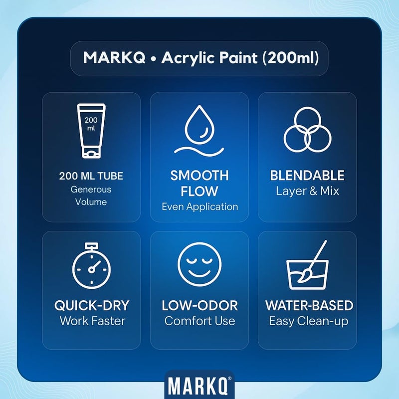 MARKQ طلاء أكريليك 200 مل أنبوب – ألوان فنية غنية، عالية الصبغة وغير سامة | 10 ألوان زاهية للحرف اليدوية، القماش، الورق، الخشب، القماش، ومشاريع الفن (فضي) - Image 2