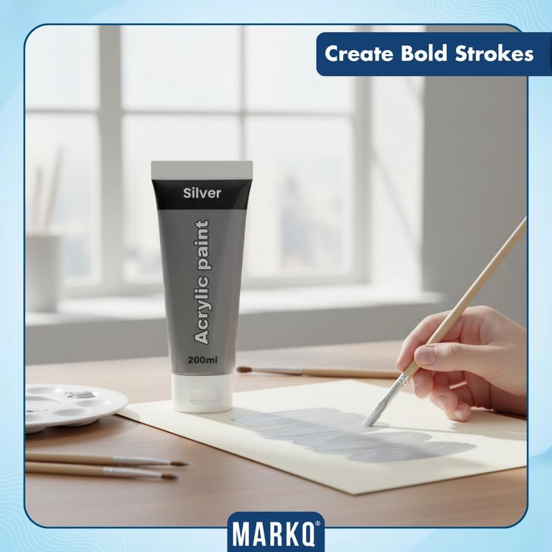 MARKQ طلاء أكريليك 200 مل أنبوب – ألوان فنية غنية، عالية الصبغة وغير سامة | 10 ألوان زاهية للحرف اليدوية، القماش، الورق، الخشب، القماش، ومشاريع الفن (فضي) - Image 3