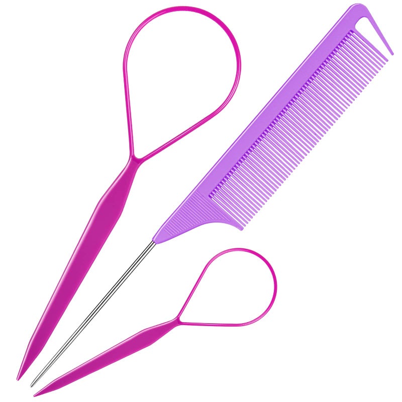 TsMADDTs 3Pack Hair Loop Tool Set with 2PCS French Braid Tool Loop 1PCS Rat Tail Comb Metal Pin Tail Braiding Comb for Hair Styling, Purple - Image 1