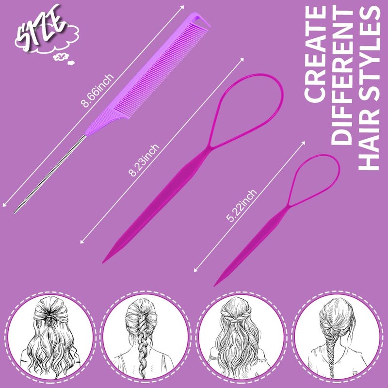 TsMADDTs 3Pack Hair Loop Tool Set with 2PCS French Braid Tool Loop 1PCS Rat Tail Comb Metal Pin Tail Braiding Comb for Hair Styling, Purple - Image 2