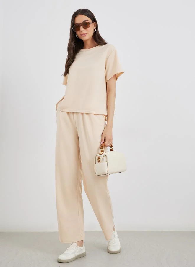 تايك تو Take Two Solid Casual T-Shirt and Pants Co-Ords