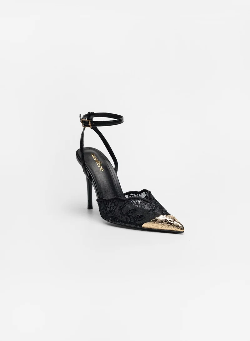 Sunfere Black Scalloped Lace Mesh Pumps with Metallic Toe Cap & Ankle Strap for Women | Best Price UAE