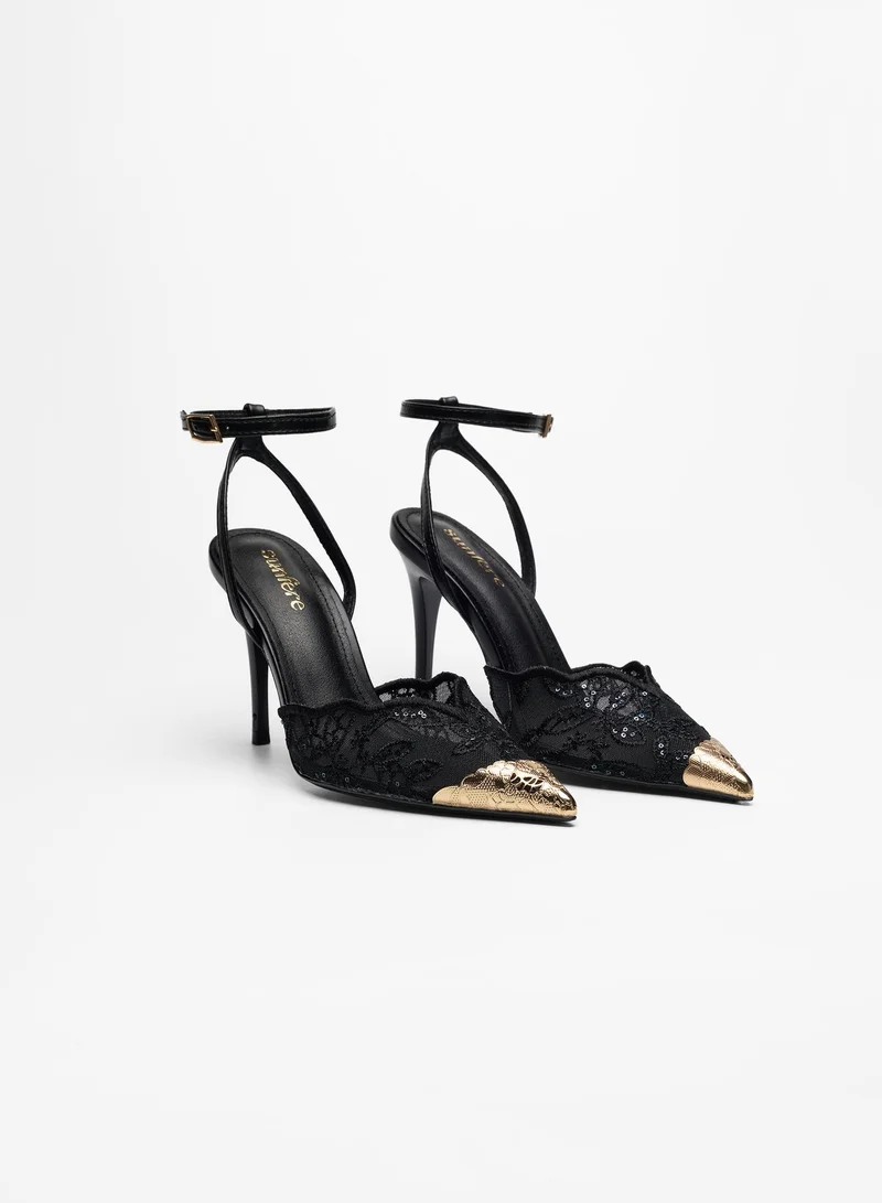 Sunfere Scalloped Lace Mesh Pumps with Metallic Toe Cap & Ankle Strap