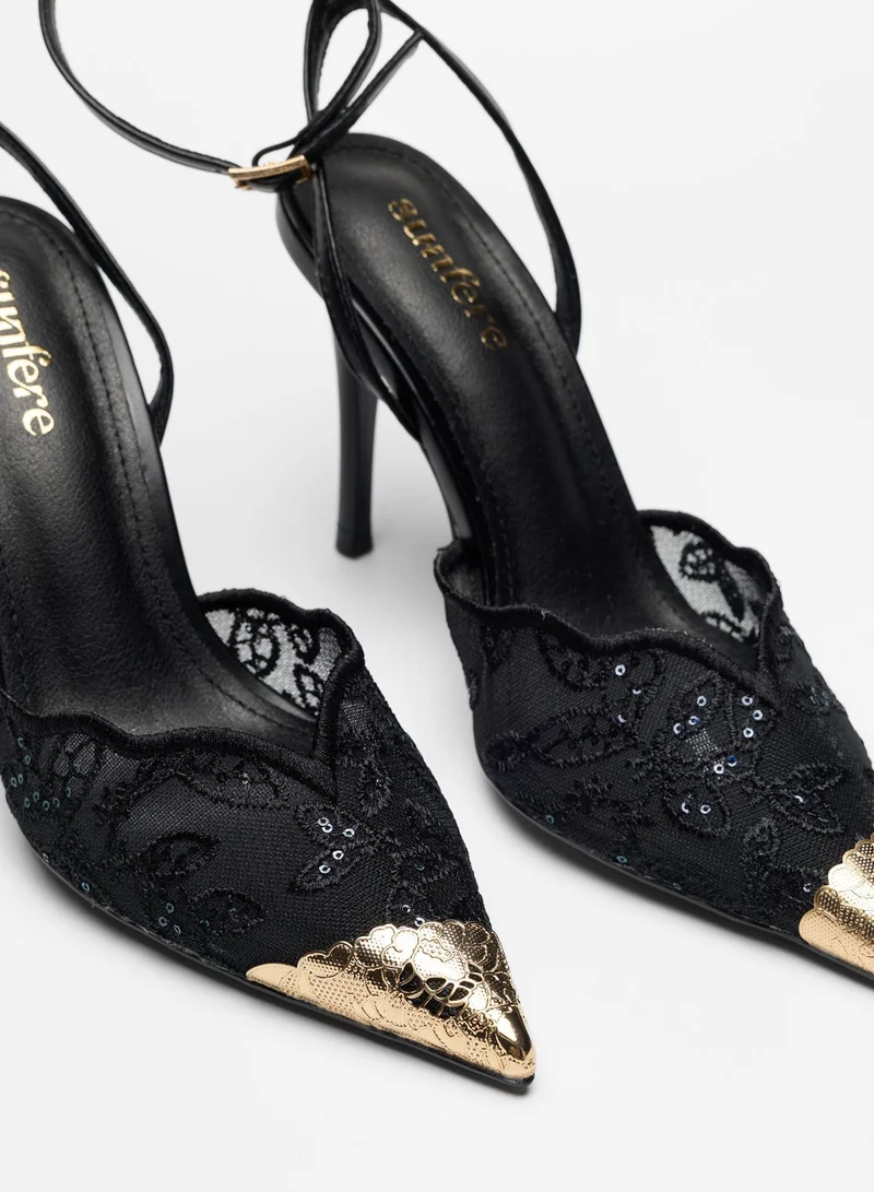 Sunfere Black Scalloped Lace Mesh Pumps with Metallic Toe Cap & Ankle Strap for Women | Best Price UAE