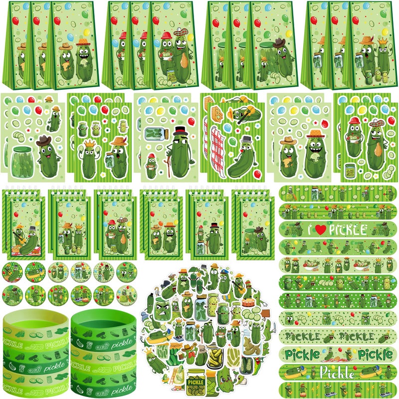 LSJDEER 122PCS Pickles Party Favors Set 50 Stickers 12 Assemble Stickers 12 Button Badges 12 Mini Notepads 12 Slap Bracelets 12 Rubber Bracelets 12 Goodie Bags for Pickle Birthday Supplies - Image 3