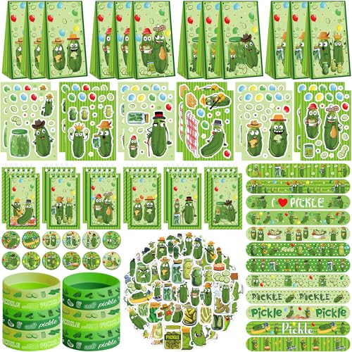 LSJDEER 122PCS Pickles Party Favors Set 50 Stickers 12 Assemble Stickers 12 Button Badges 12 Mini Notepads 12 Slap Bracelets 12 Rubber Bracelets 12 Goodie Bags for Pickle Birthday Supplies - Image 1