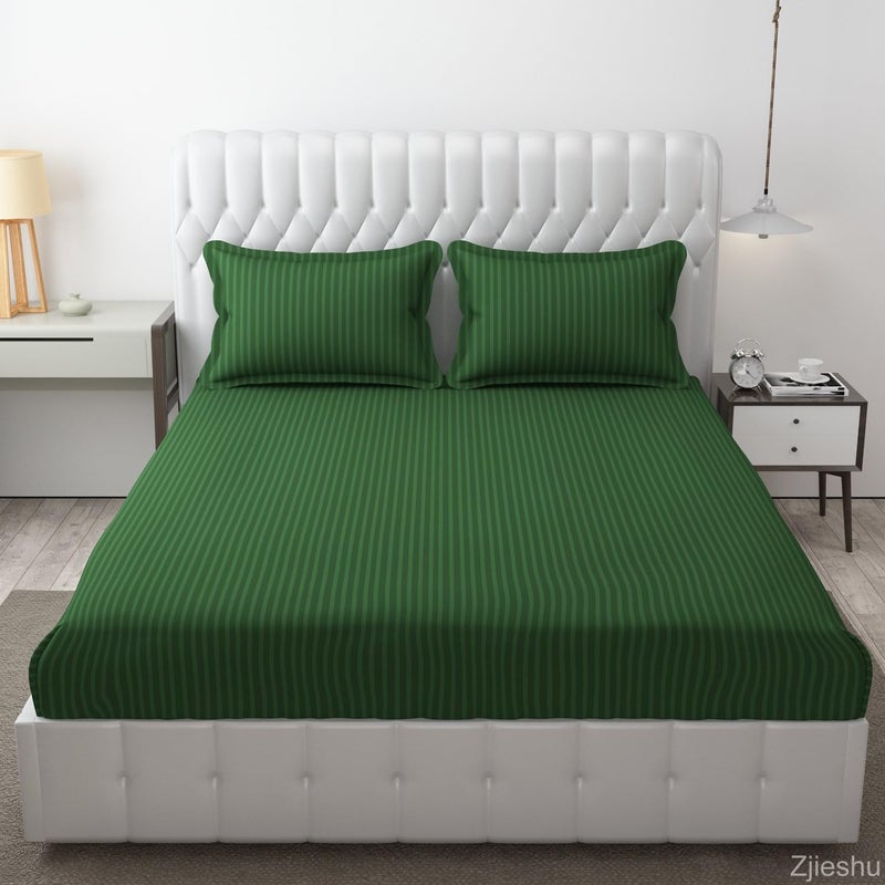 HOMECROWN Microfiber Soft Cotton King Size Double Bedsheet Set with 2 Pillow Covers Elegant Satin Striped Design 90x100 inches Ideal for Home Hotels and Guest Rooms Green Color - Image 1
