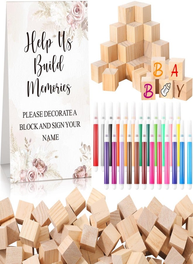Dinifee 125 Pcs Baby Shower Decorate a Block Game Set Includes Help Us Build Memories Sign 100 DIY Blank Wooden Block 24 Paint Marker Prize for Wedding Baby Shower Game(Floral) - Image 1