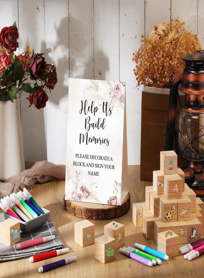 Dinifee 125 Pcs Baby Shower Decorate a Block Game Set Includes Help Us Build Memories Sign 100 DIY Blank Wooden Block 24 Paint Marker Prize for Wedding Baby Shower Game(Floral) - Image 4