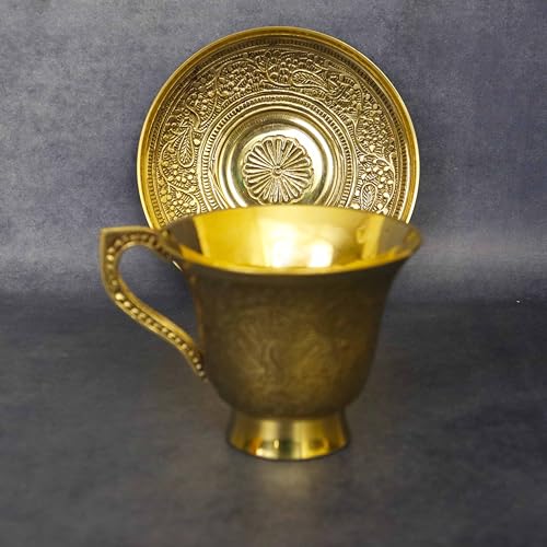 Putrika Traditional Handcrafted Brass Engraved Coffee Dabra Cup and Saucer |Madrasi Filter Coffee Cup Set Brass| Teacup with Plate| Tea Cup -Peacock Cup and Saucer - Image 5