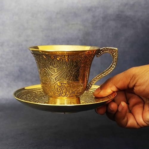 Putrika Traditional Handcrafted Brass Engraved Coffee Dabra Cup and Saucer |Madrasi Filter Coffee Cup Set Brass| Teacup with Plate| Tea Cup -Peacock Cup and Saucer - Image 2