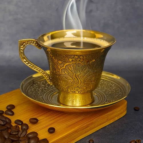 Putrika Traditional Handcrafted Brass Engraved Coffee Dabra Cup and Saucer |Madrasi Filter Coffee Cup Set Brass| Teacup with Plate| Tea Cup -Peacock Cup and Saucer - Image 1