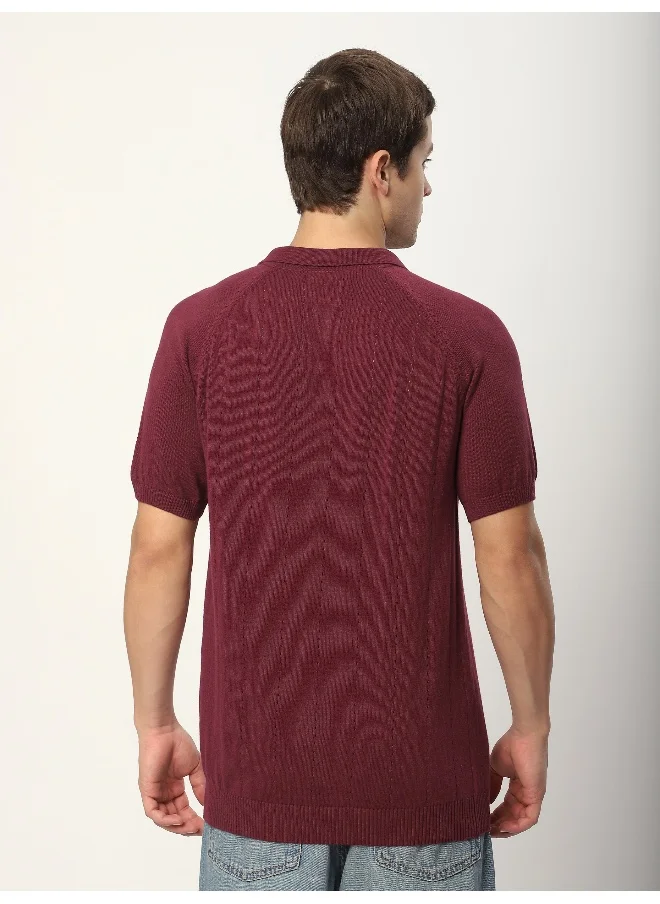 بيونغ Maroon Line Textured Flat Knit Polo T-Shirt for Men