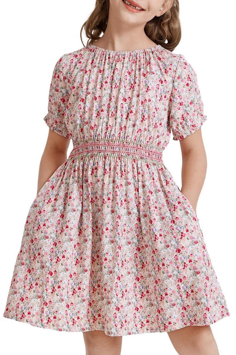 tiny sugar Girls Smocked Waist Soft Viscose Midi Dress Elastic Crewneck Casual Playwear Skater Dress with Pockets Pink Floral SS-8y - Image 1