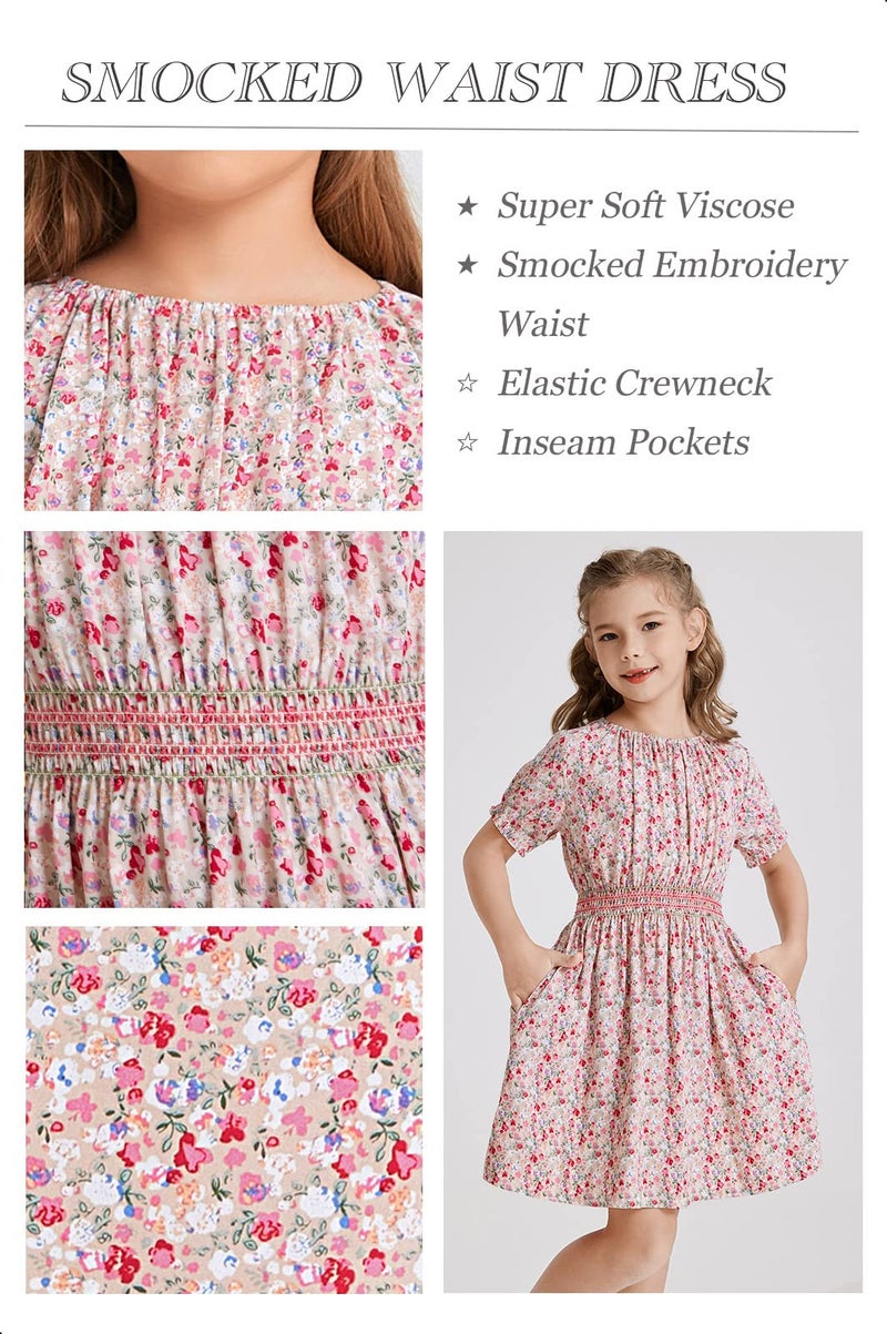tiny sugar Girls Smocked Waist Soft Viscose Midi Dress Elastic Crewneck Casual Playwear Skater Dress with Pockets Pink Floral SS-8y - Image 4