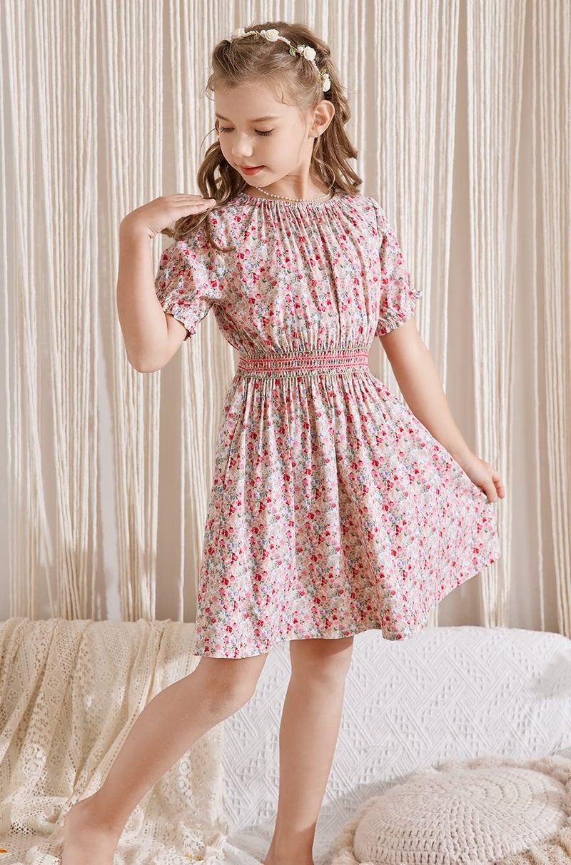 tiny sugar Girls Smocked Waist Soft Viscose Midi Dress Elastic Crewneck Casual Playwear Skater Dress with Pockets Pink Floral SS-8y - Image 3