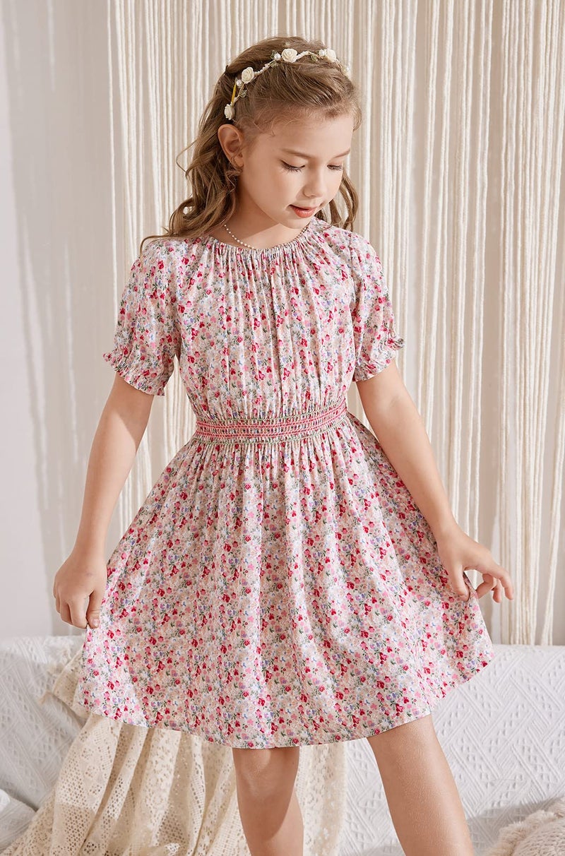 tiny sugar Girls Smocked Waist Soft Viscose Midi Dress Elastic Crewneck Casual Playwear Skater Dress with Pockets Pink Floral SS-8y - Image 5